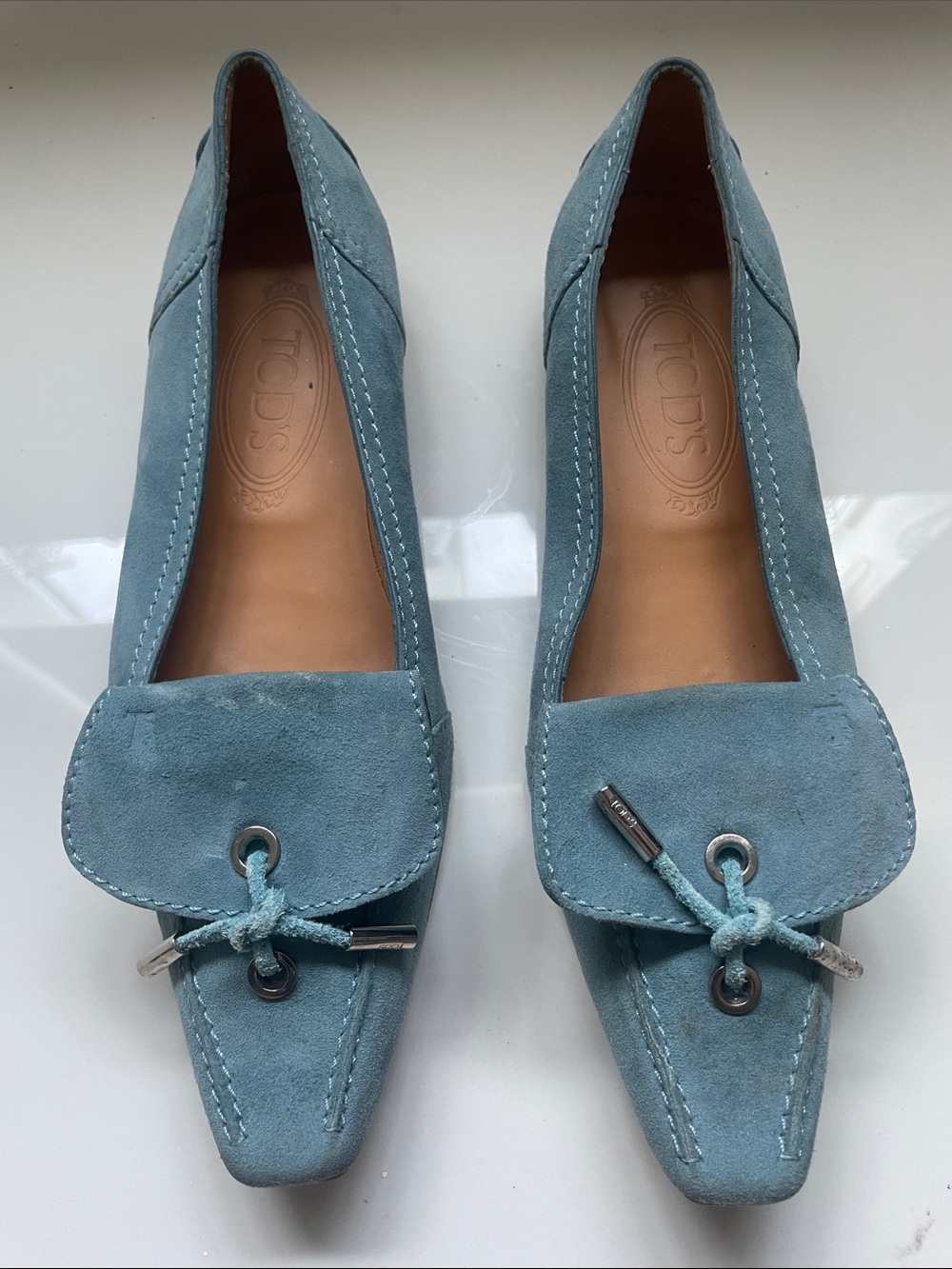 TOD'S Teal Suede Pointed Loafers with Knot Detail
